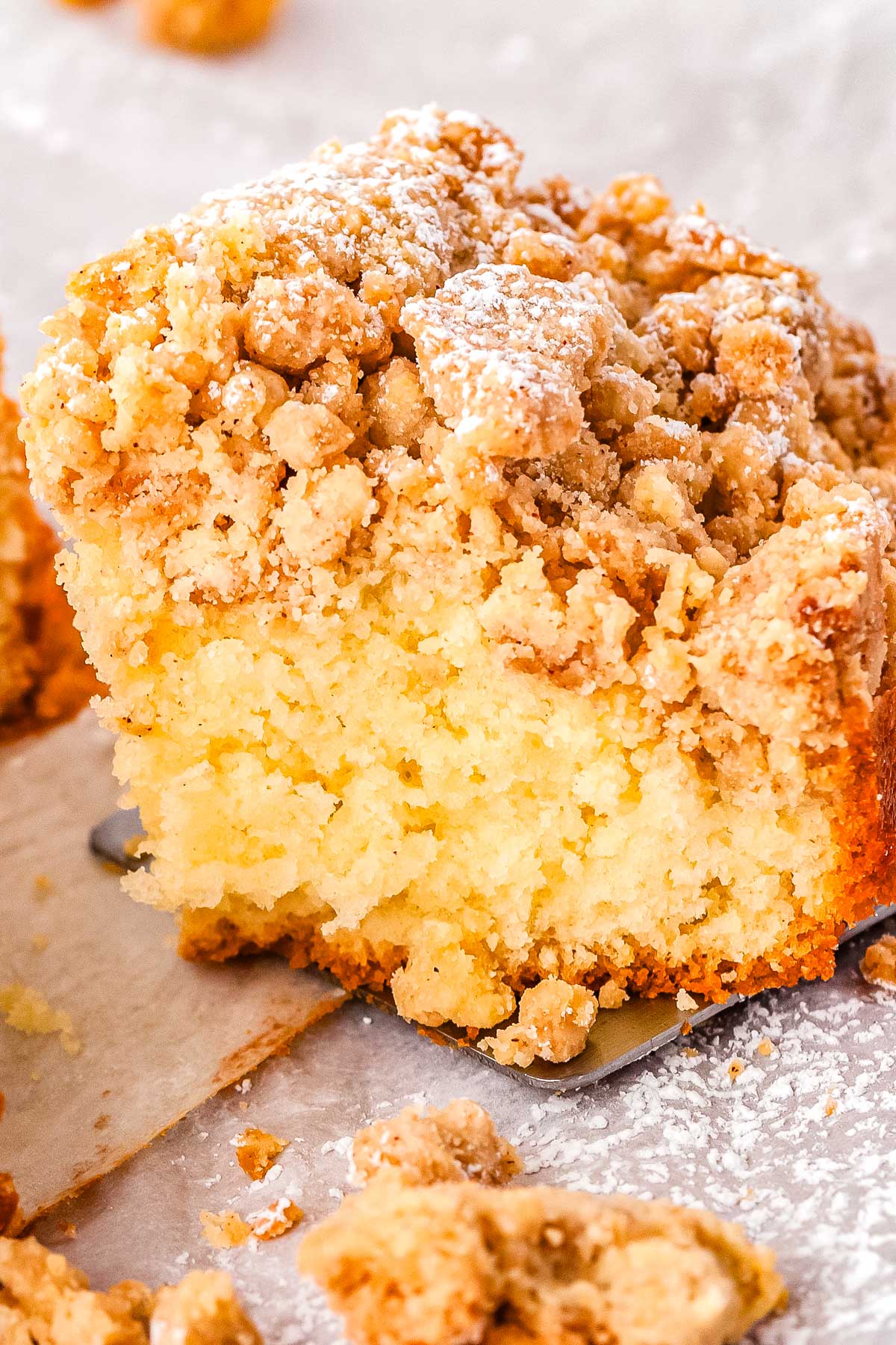 A close up of a piece of New York crumb cake turned on its side so you can see its moist, tender crumb.
