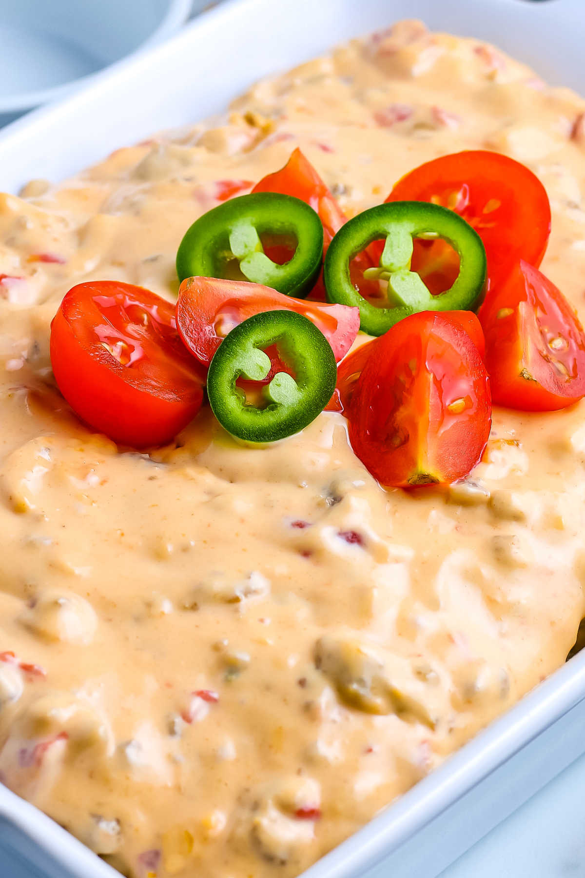 A close up picture of the finished Rotel Cheese Dip.