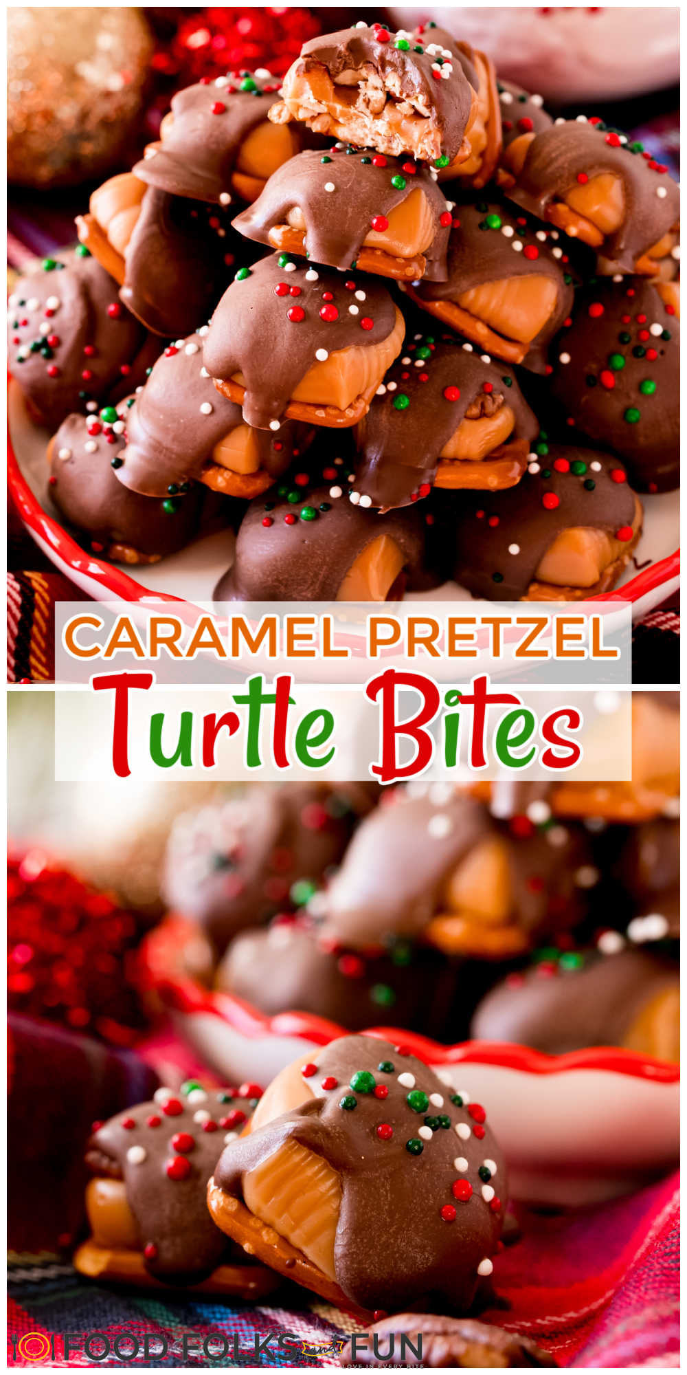 A fun twist on turtle candies, these easy Caramel Pretzel Turtles are made with pretzels, chewy caramels, pecans, and chocolate! Top them with sprinkles to make them extra festive! via @foodfolksandfun