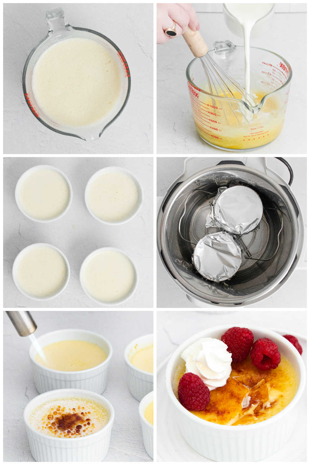 A picture collage of how to make this Instant Pot Creme Brulee recipe.