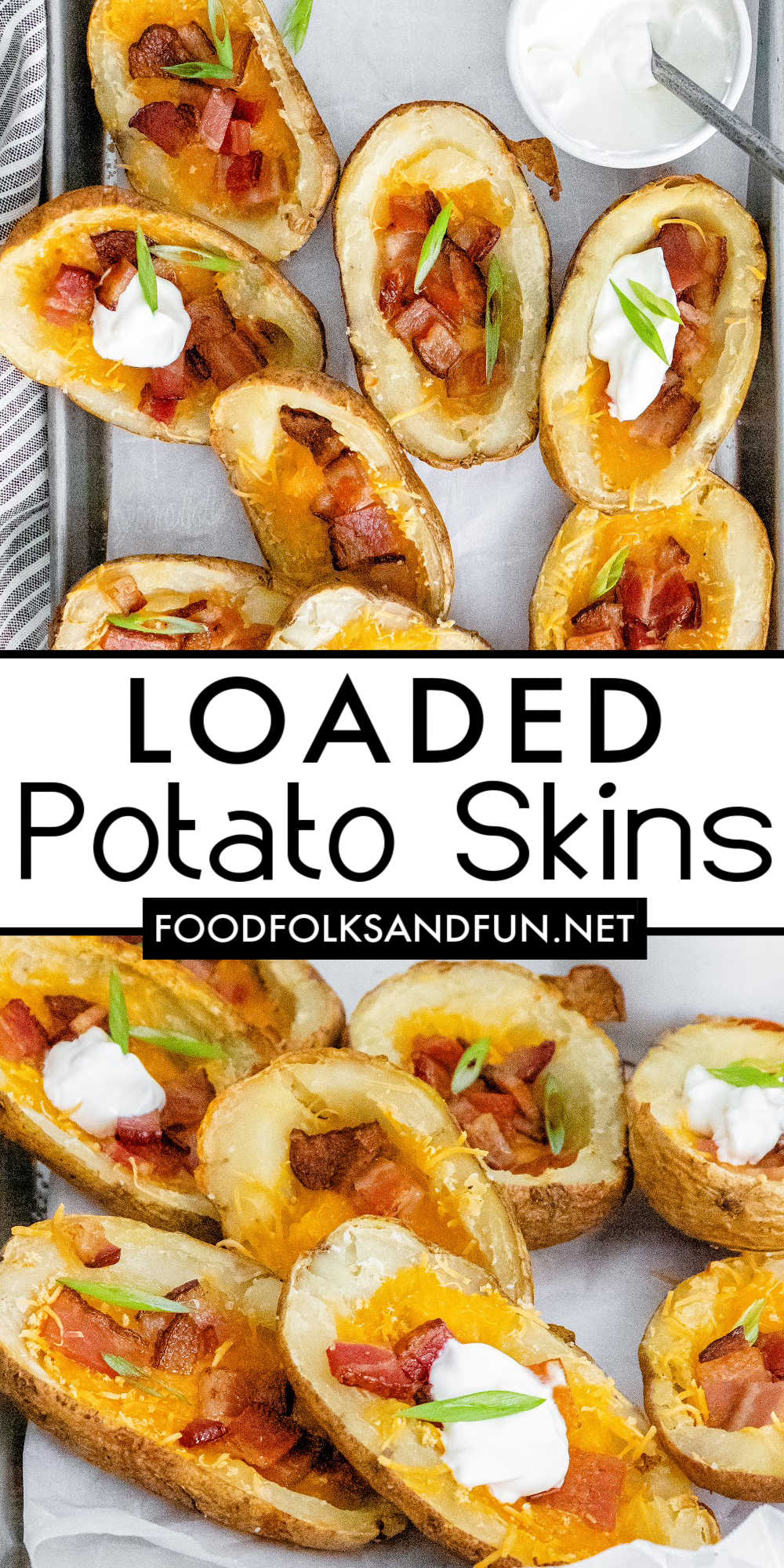 This Loaded Potato Skins recipe is an easy appetizer, snack, or side dish. The skins are crispy due to a hefty dose of garlic and olive oil and loaded with cheese and bacon. via @foodfolksandfun