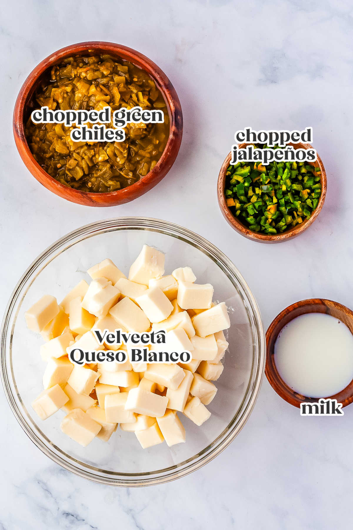 The Velveeta Queso Dip recipe ingredients have text overlay labeling each. 