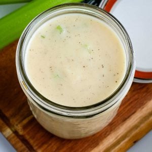 Cream of Celery Soup in a glass Mason jar.