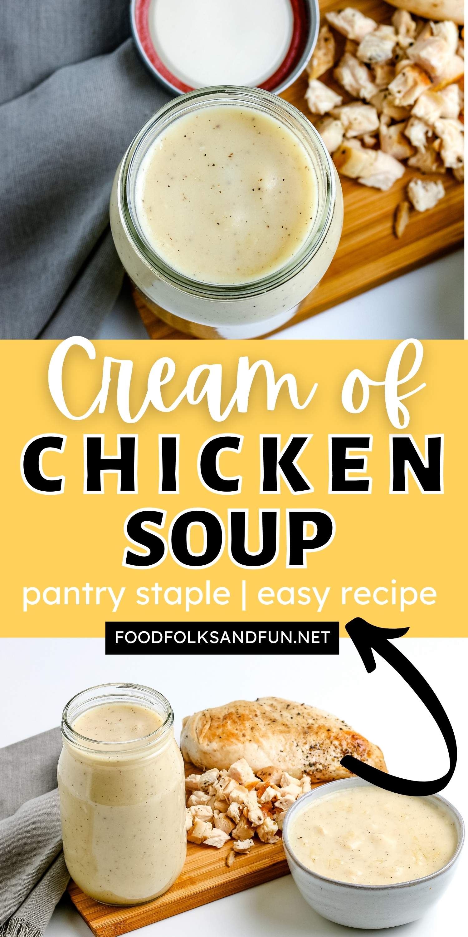 This Homemade Cream of Chicken Soup recipe is a delicious substitute for the pantry staple, condensed soup. It’s great for adding to casseroles and soups. via @foodfolksandfun