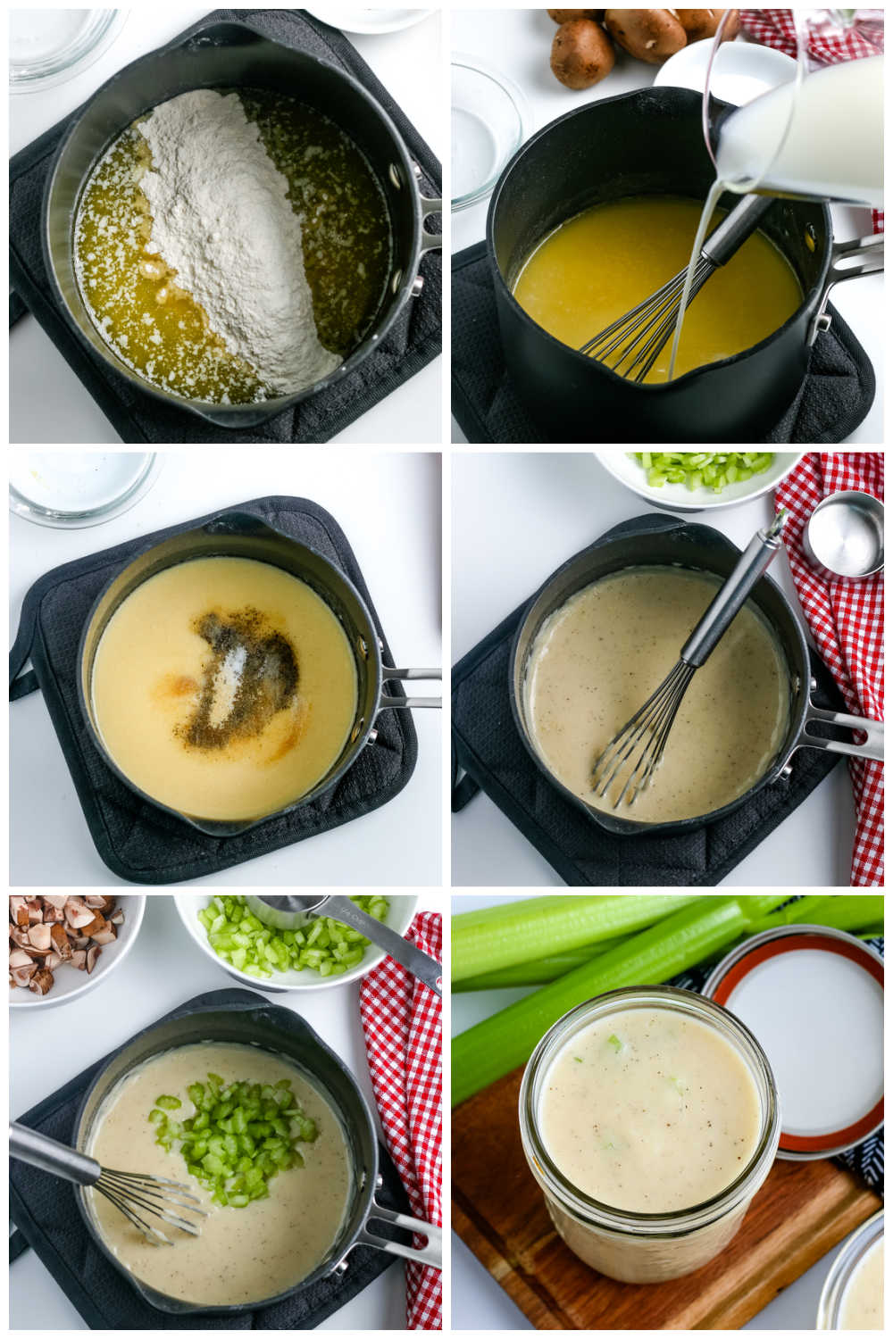 A picture collage of how to make Cream of Celery Soup. 
