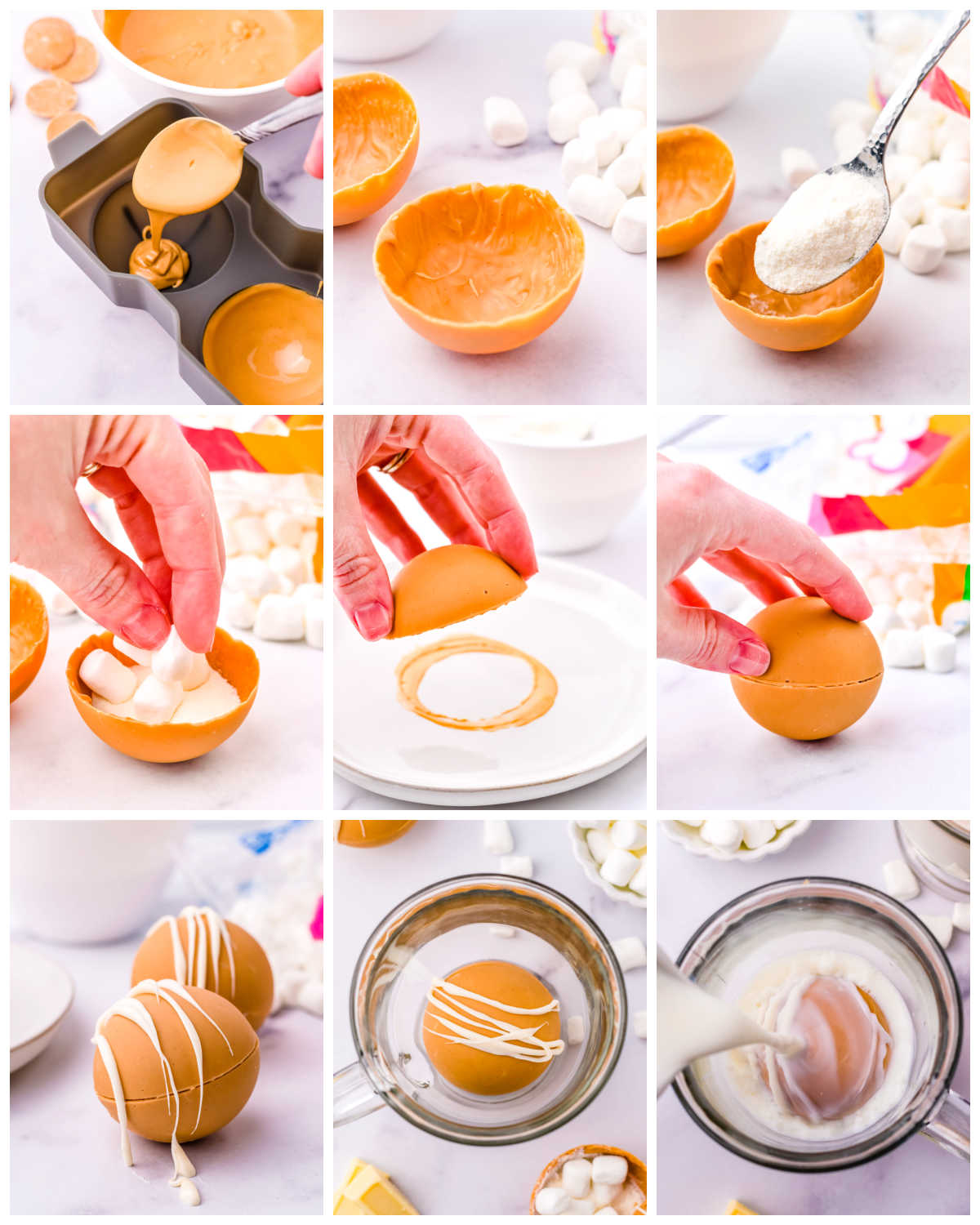 A picture collage of how to make Peanut Butter White Hot Chocolate Bombs.
