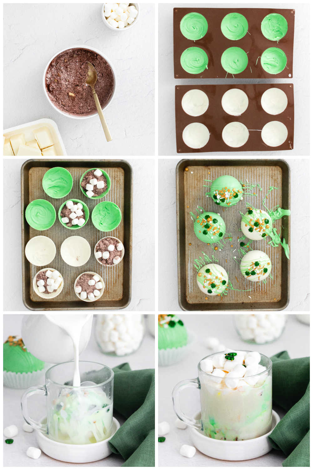 A picture collage of how to make St Patrick's Hot Chocolate Bombs.