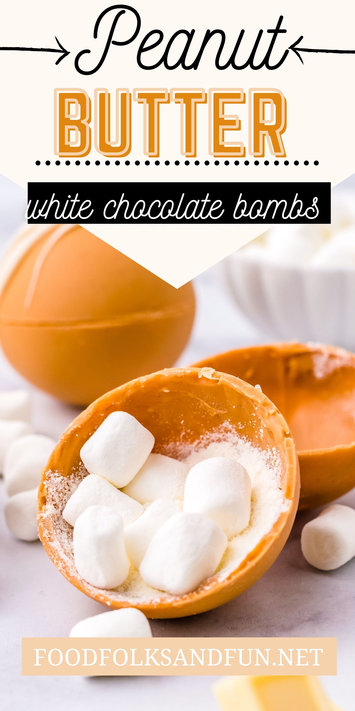 These Peanut Butter White Hot Chocolate Bombs are the perfect combination of peanut butter and white chocolate. They’re so cozy to drink and even more fun to gift! via @foodfolksandfun