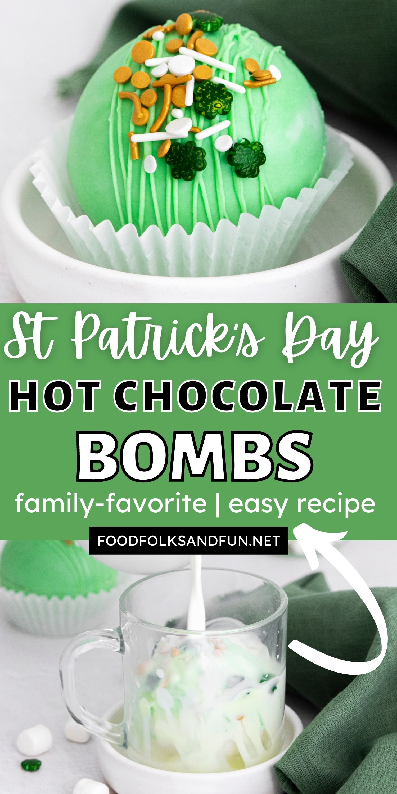 These St Patrick’s Hot Chocolate Bombs are the perfect combination of milk chocolate and white chocolate. They’re so fun to gift! via @foodfolksandfun