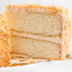 A close up picture of Coconut Cream Cake.