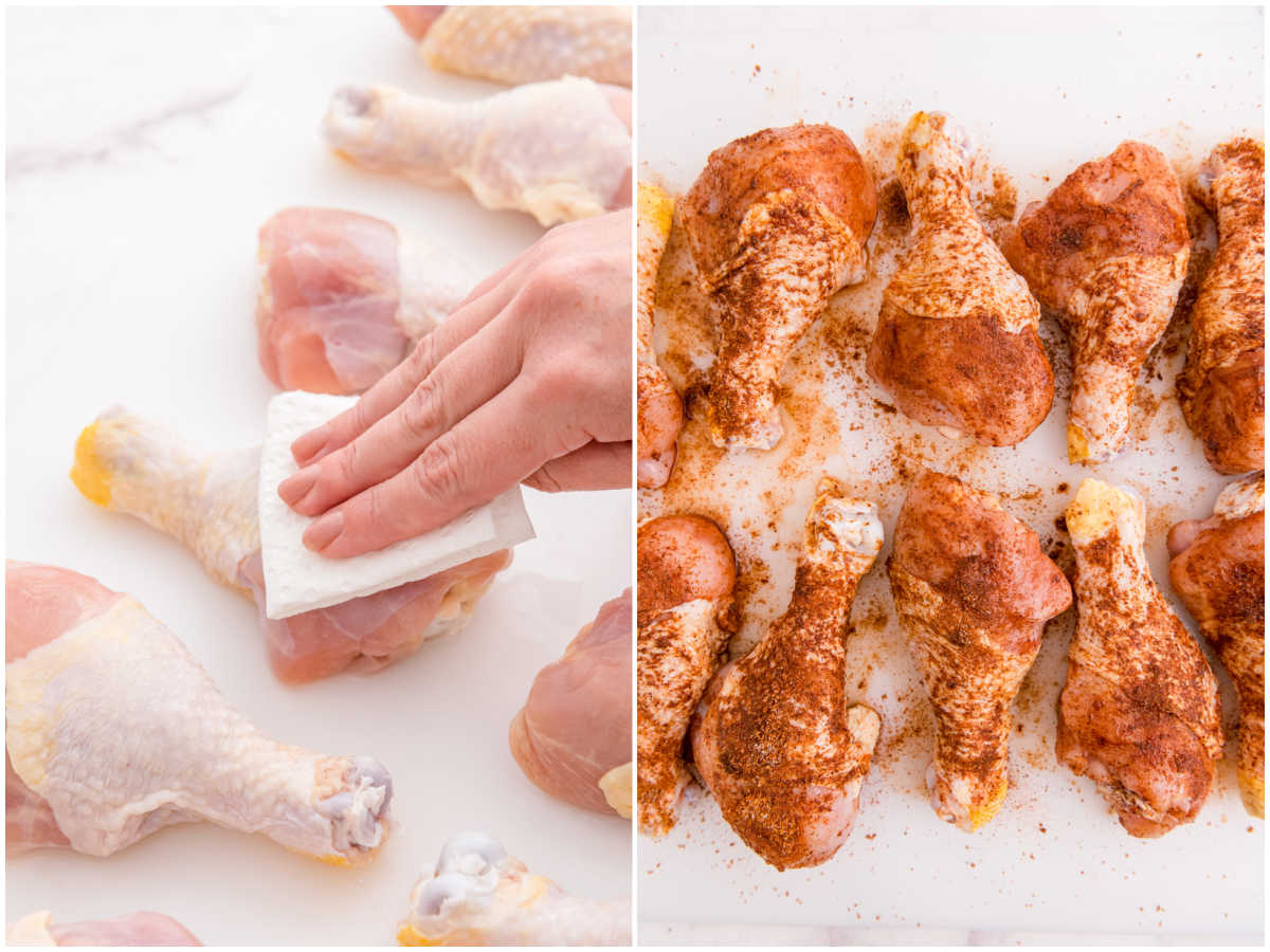 The drumsticks patted dry with paper towels and then rubbed with a spice rub.