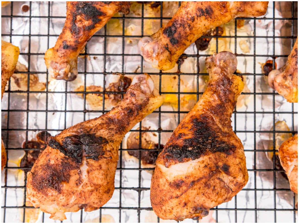 Drumsticks after being baked and broiled.