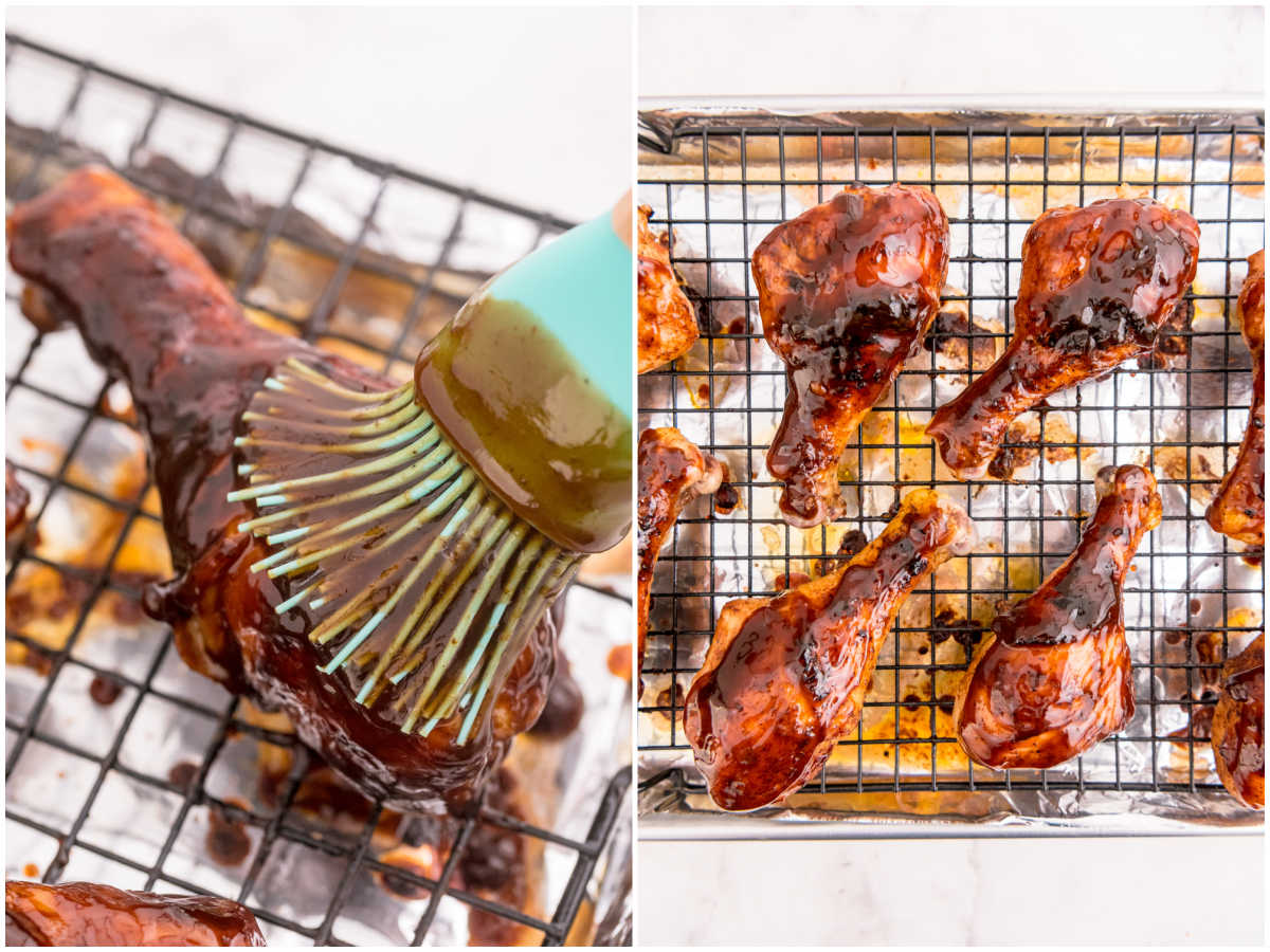 BBQ sauce brushed onto cooked chicken drumsticks.