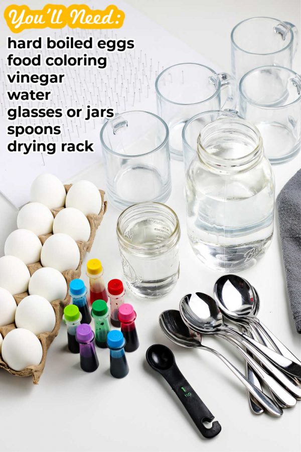 All of the ingredients needed to Dye Easter Eggs with food coloring.