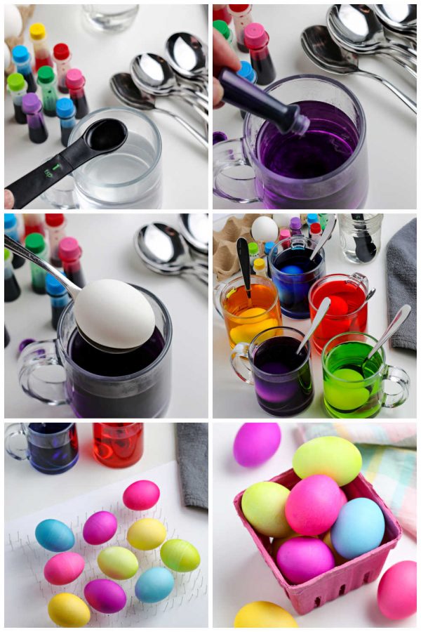 A picture collage showing how to dye Easter eggs without a kit.