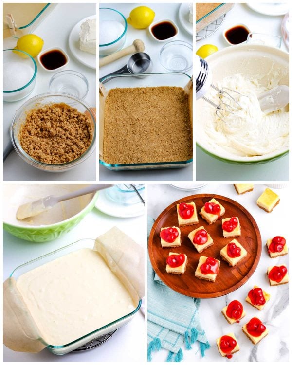 A picture collage of how to make this Cheesecake Bars recipe.