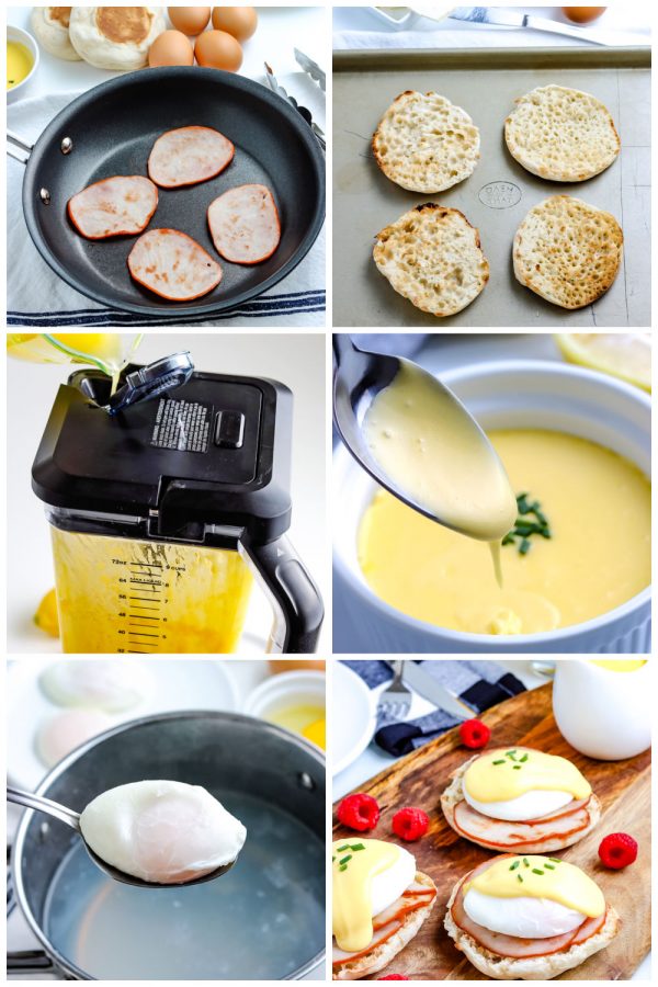 A picture collage of how to make Eggs Benedict with blender Hollandaise Sauce.
