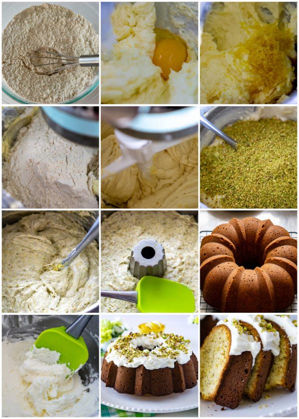 A picture collage of how to make Pistachio Bundt Cake with step-by-step picture.