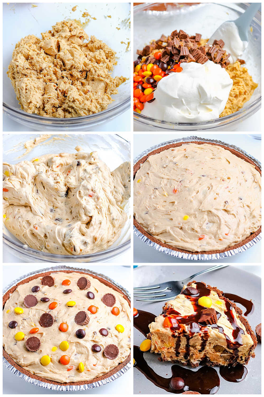 A picture collage of how to make this Reese's Peanut Butter Pie recipe.