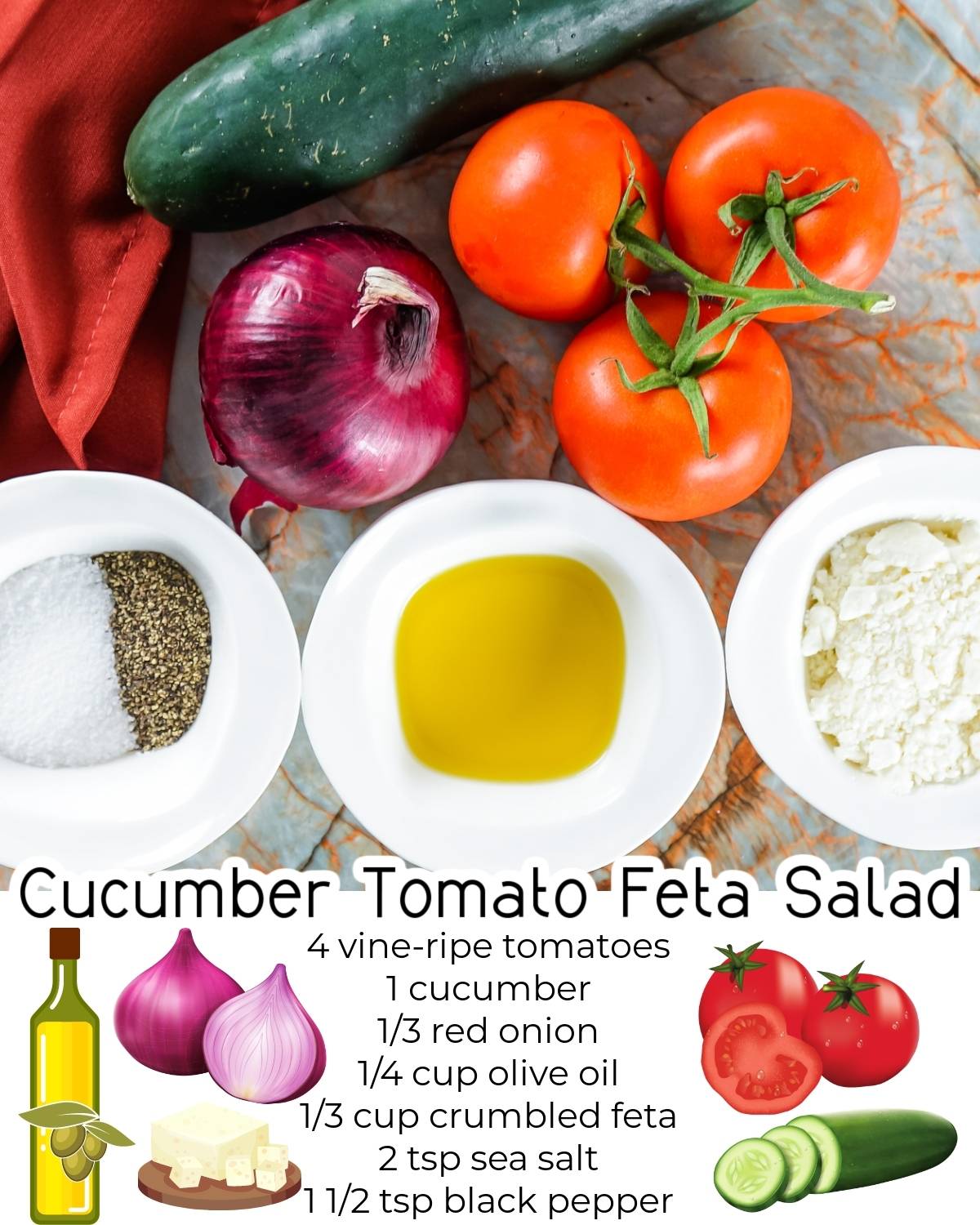 All of the ingredients needed to make Cucumber Tomato Feta Salad.