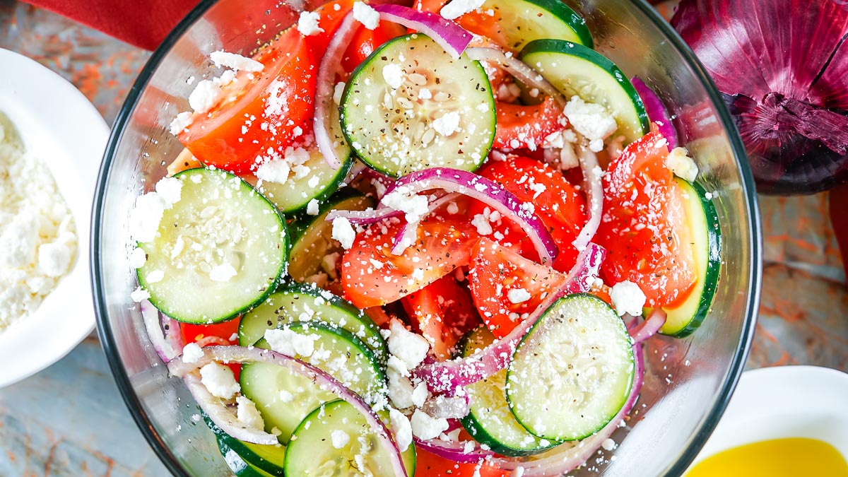 An overhead picture of the finished Cucumber Tomato Feta Salad recipe.