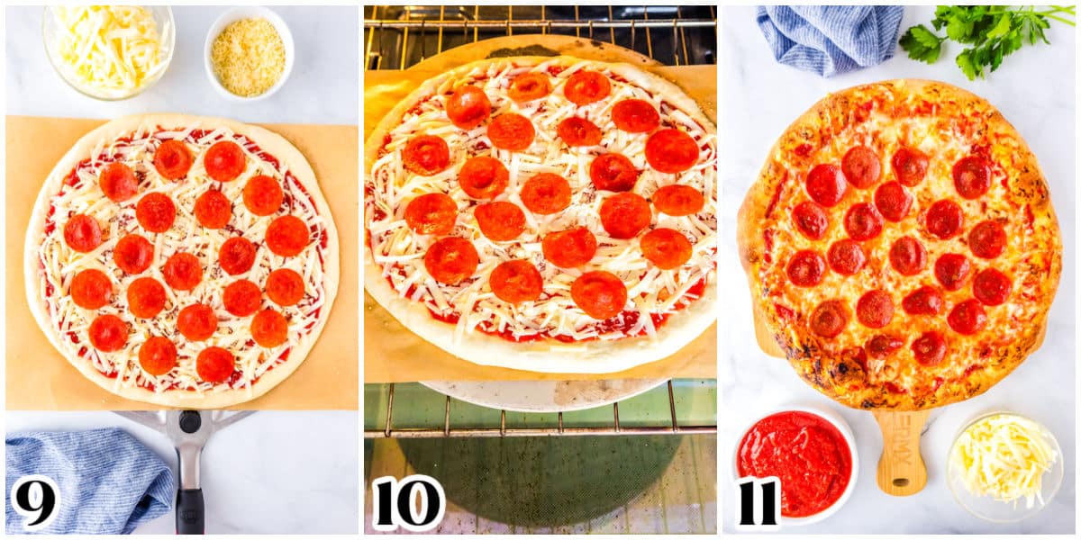Mozzarella and pepperoni placed on the dough, the pizze in the oven on a pizza stone, and the finished cooked pizza.