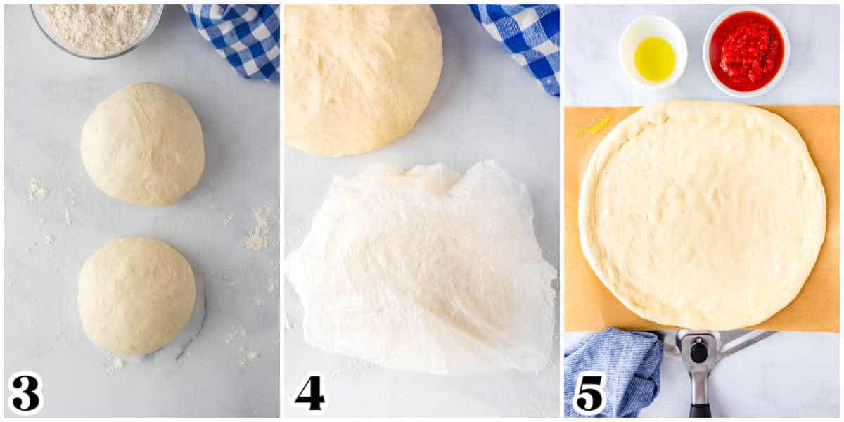 The pizza dough split into two dough balls and the dough resting and then rolled out to a 14-inch circle.