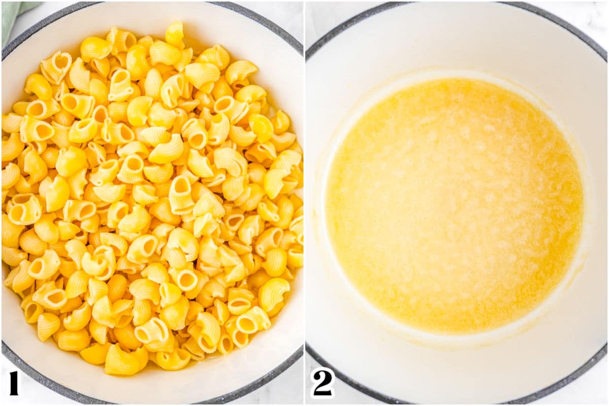 The cooked pasta and then the butter and flour heated to make a roux.