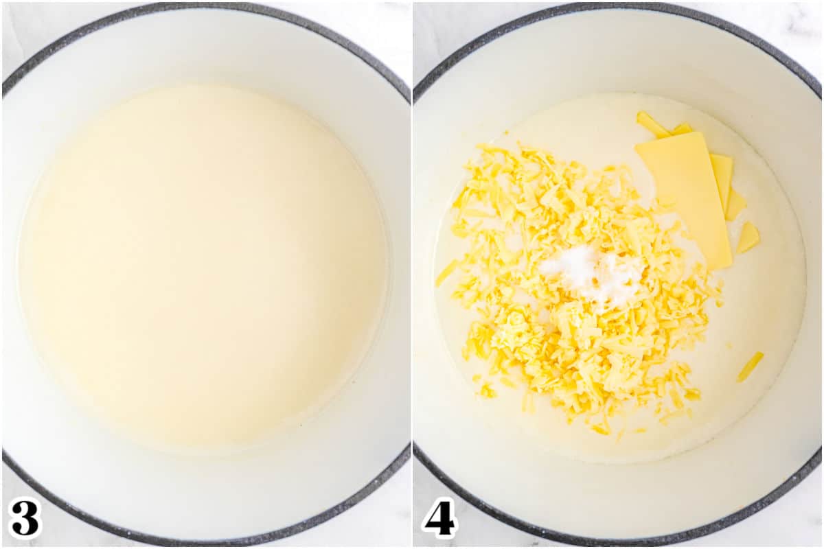 The milk heated and the cheese added to make a cheese sauce.