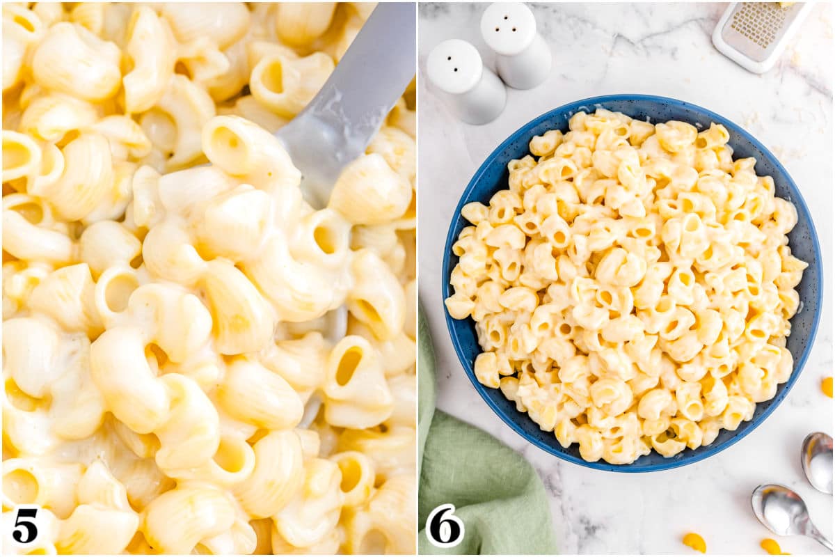 The cheese sauce was mixed in with the pasta and transferred to a serving bowl.