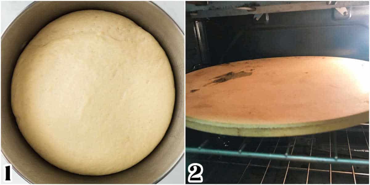 The risen dough in a bowl and the pizza stone preheating in the oven.