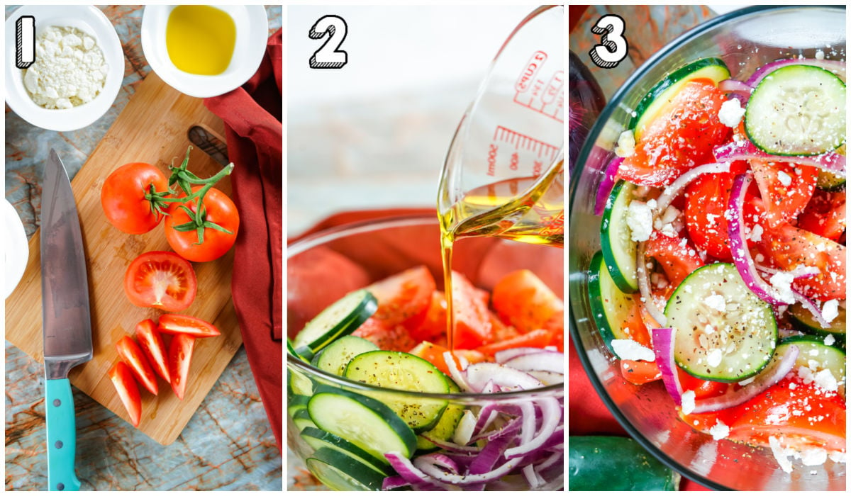A picture collage of how to make this Cucumber Tomato Feta Salad recipe.