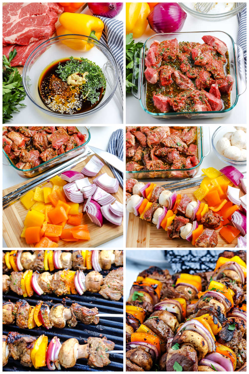 A picture collage of how to grill steak kabobs.
