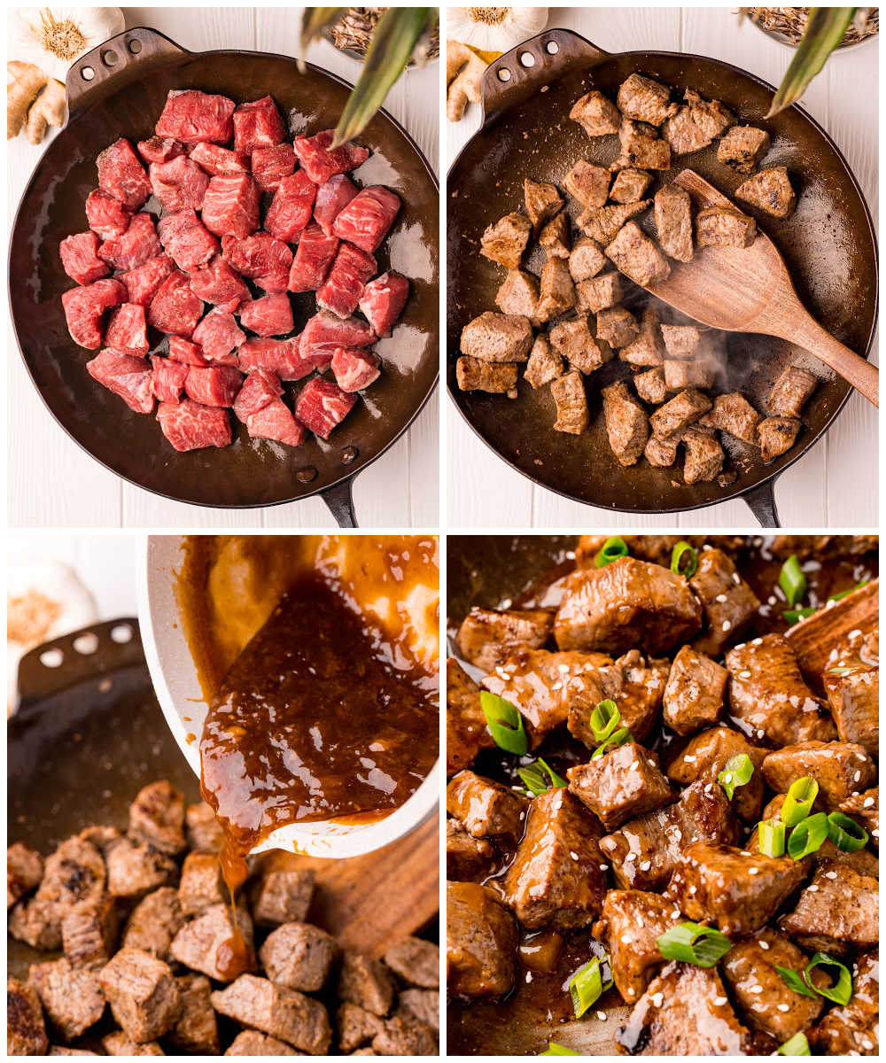 A picture collage of how to make this Teriyaki Steak Tips recipe.