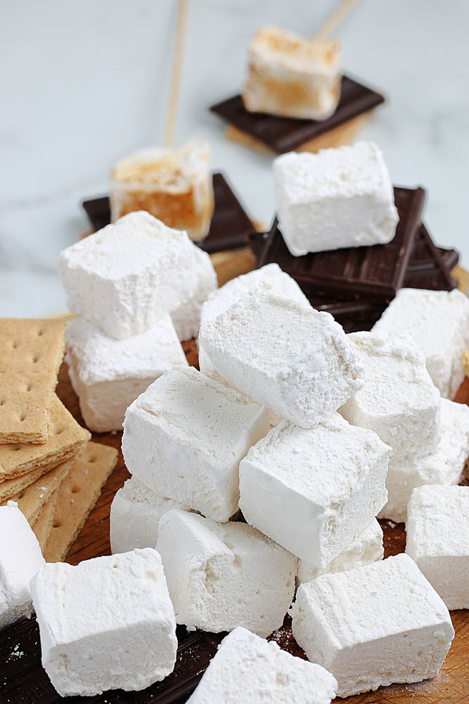 Homemade marshmallows stacked on top of each other. 