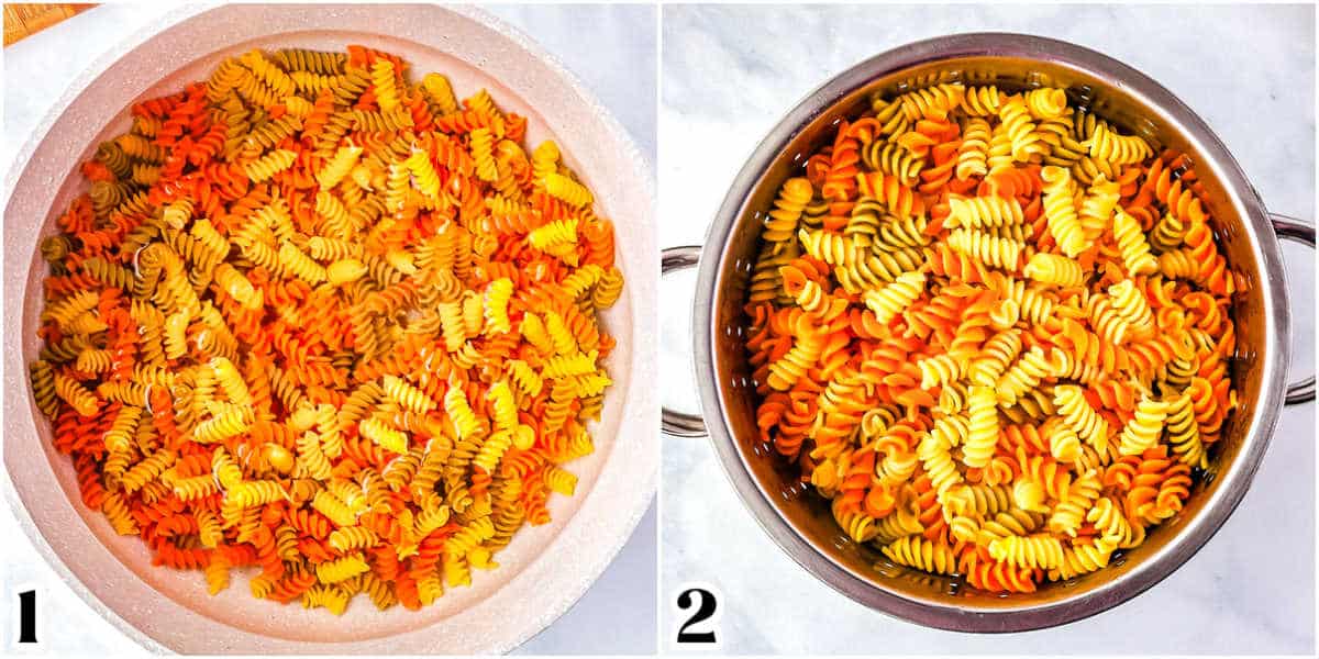 A picture collage showing the cooked and drained pasta in a collander.
