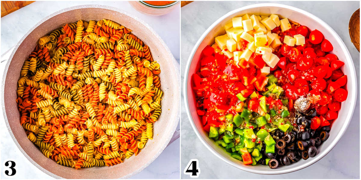 Apicture collage showing Italian dressing on the cooked pasta and all the pasta salad ingredients added to a mixing bowl.