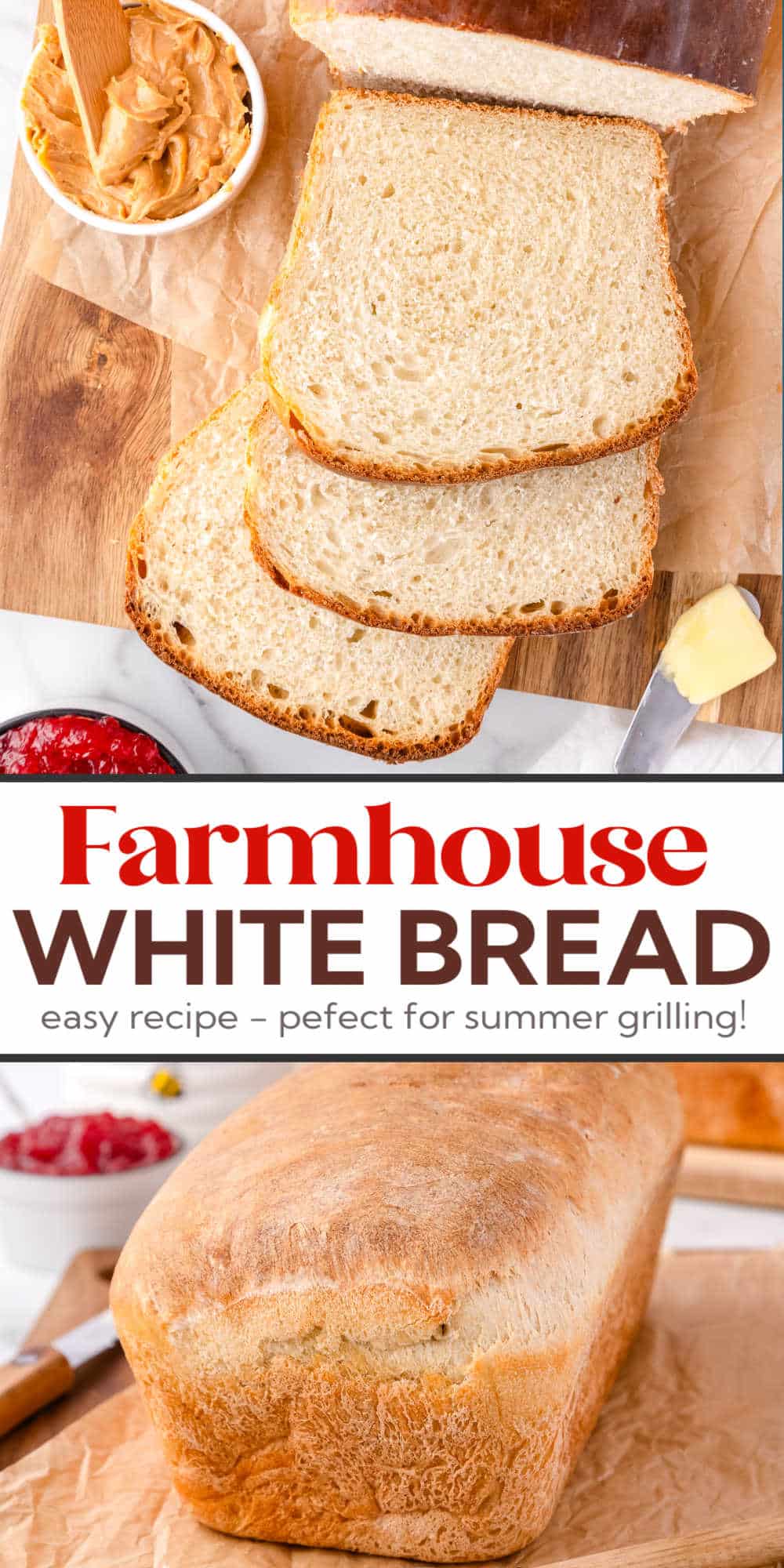 Farmhouse Bread is easy to make and calls for just 6 simple ingredients. This homemade white bread recipe makes 2 large fluffy loaves. via @foodfolksandfun