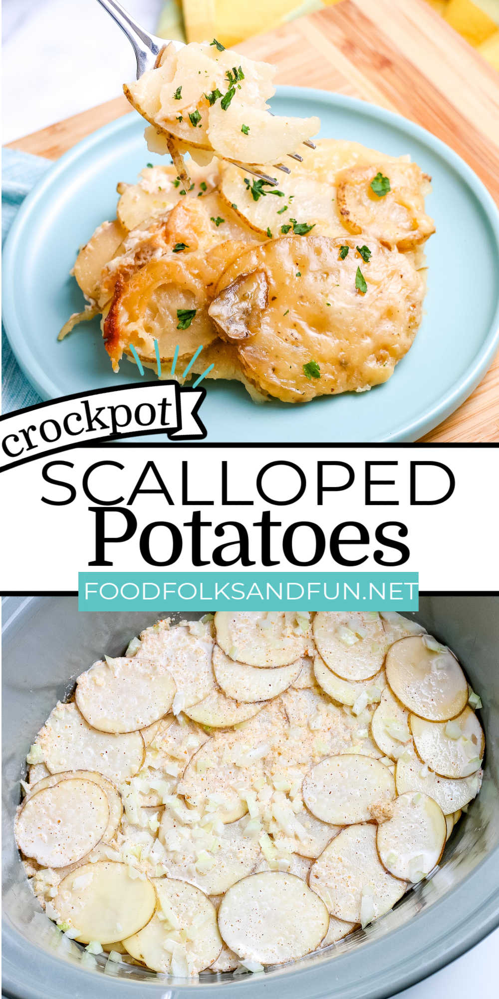 This Crockpot Scalloped Potatoes recipe is easy to make and made with three different kinds of cheese! It's a great side dish for weeknights or holidays like Thanksgiving, Christmas, and Easter. via @foodfolksandfun