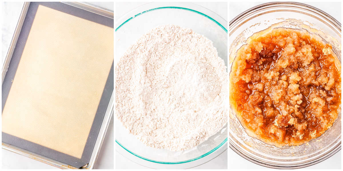 Picture colage of a lined baking sheet, and the dry and wet ingredients mixed together in seperate bowls.