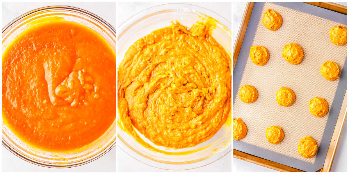 A picture collage the the finished pumpkin batter and then the batter scooped onto the prepared baking sheet.