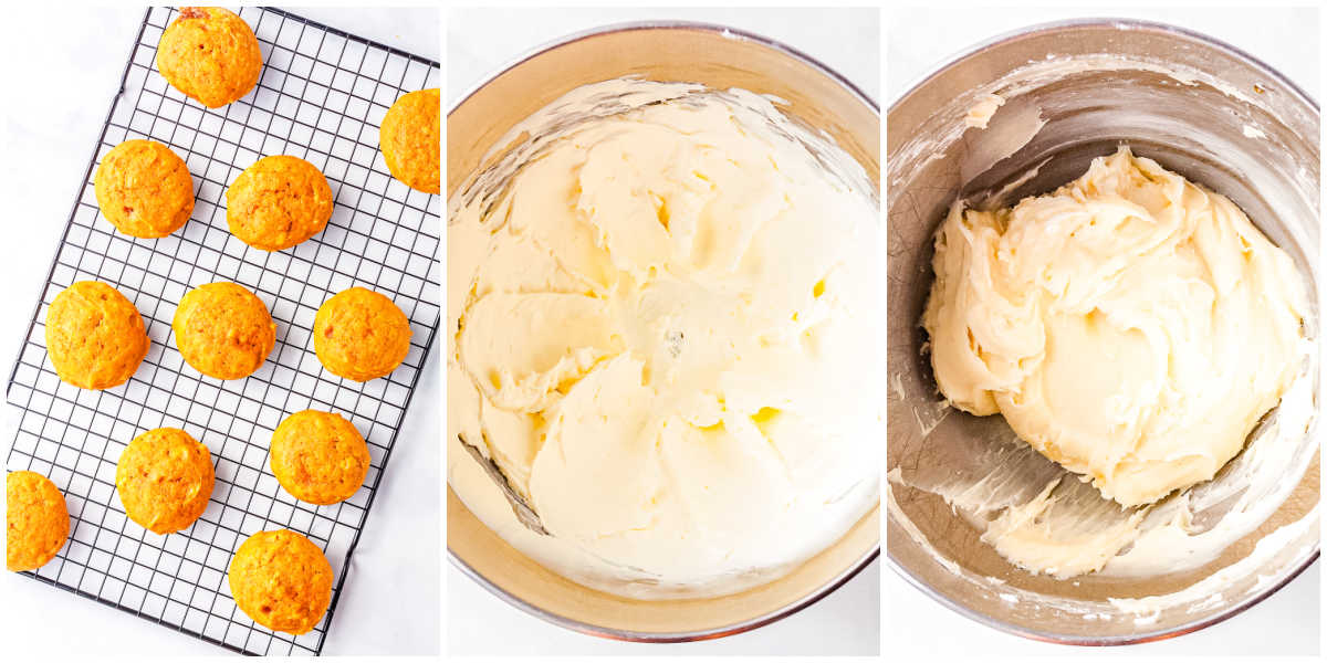 A picture collage of the baked pumpkin cookies on a wire rack and the cream cheese buttercream mixed in a bowl.
