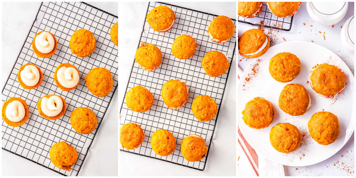 A picture collage of the pumpkin cookies with frosting piped on top and then another cookie added to make the sandwich cookie or whoopie pie.