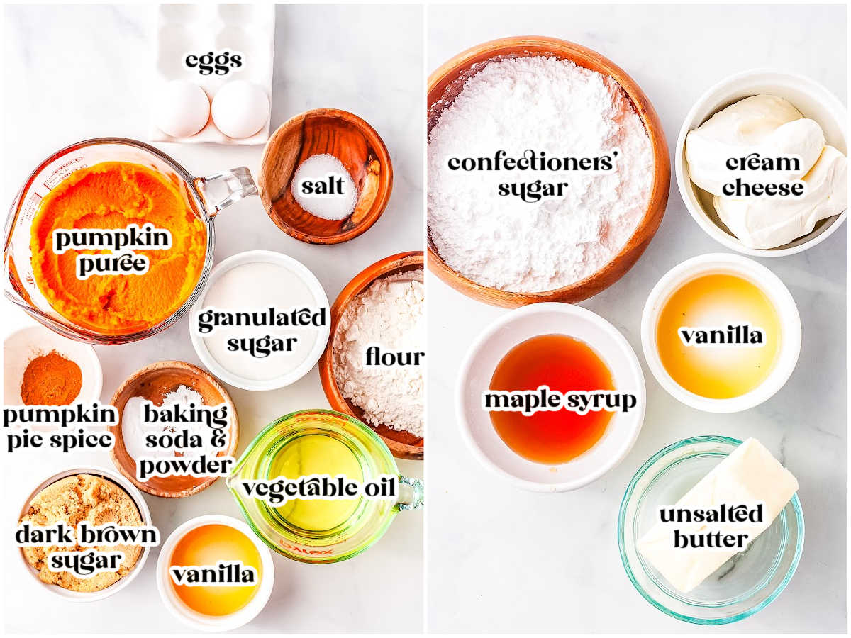 The pumpkin whoopie pie ingredients with text overlay labeling each one.