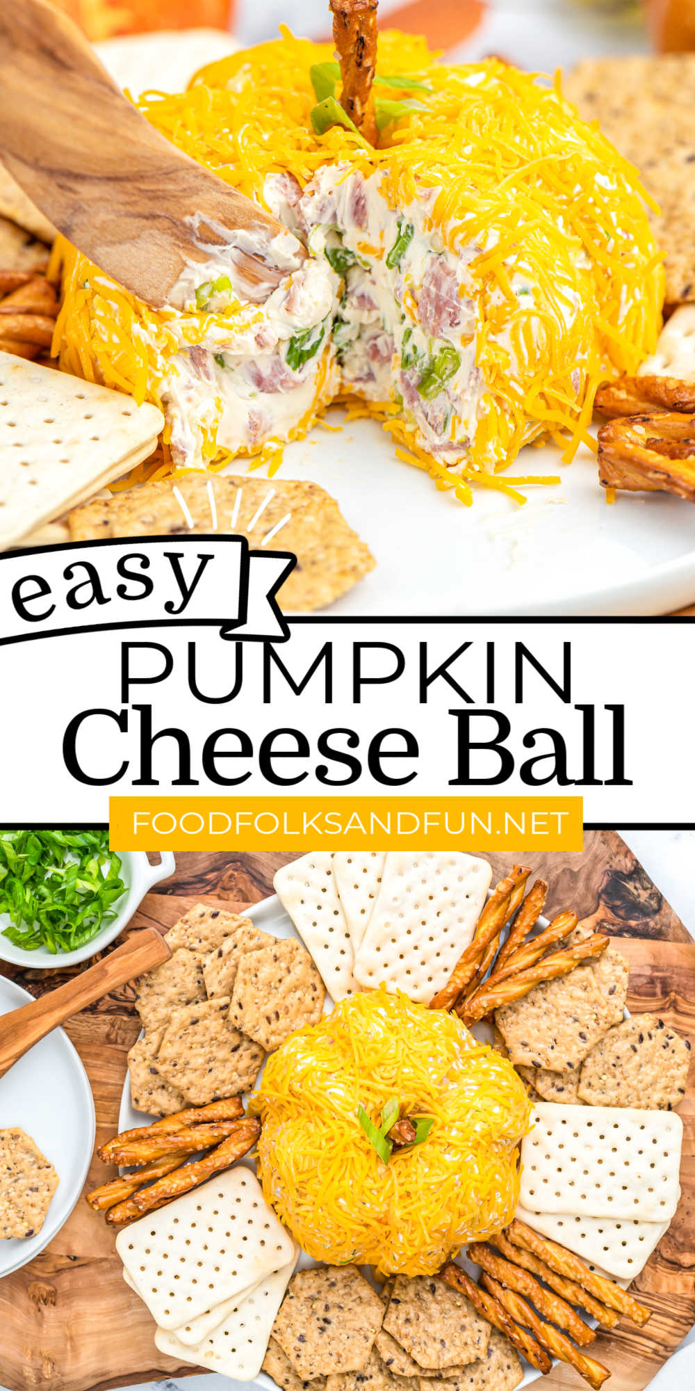 This Pumpkin Cheese Ball appetizer comes together in just a few minutes and with 5 simple ingredients! Cream cheese gets mixed with green onion, Worcestershire sauce, and finely minced salami for a smoky and salty kick. Shape it like a cute little pumpkin for an extra festive touch this fall. via @foodfolksandfun