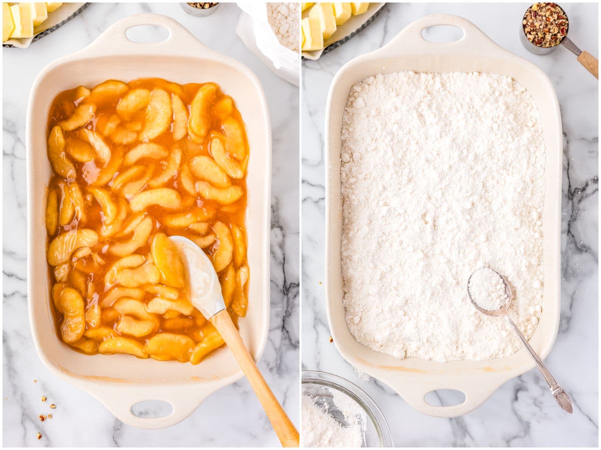 The apple pie filling poured into a baking dish and covered with dry cake mix.