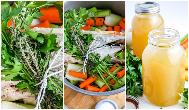 A picture collage showing how to make turkey stock.