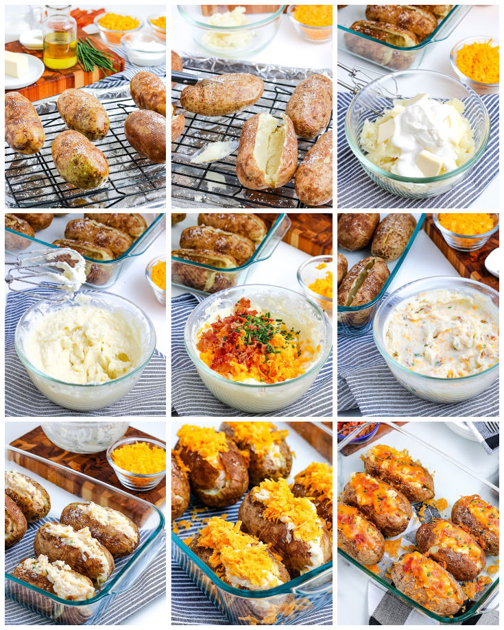A picture collage showing how to make twice baked potatoes.