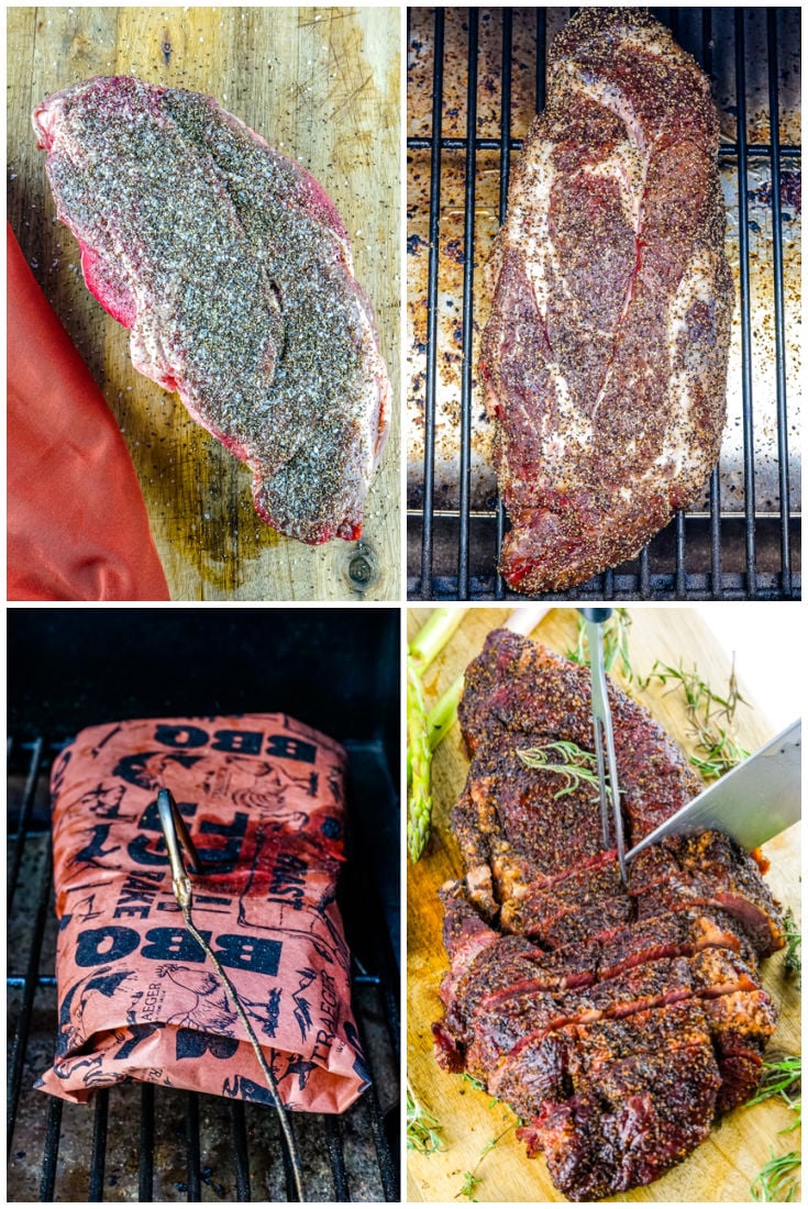 A picture collage showing how to smoke a chuck roast.