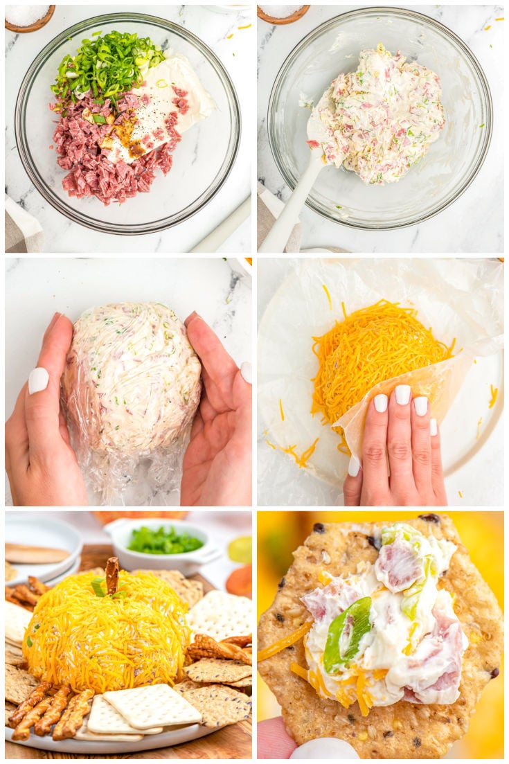 A picture collage showing how to make a pumpkin cheese ball.